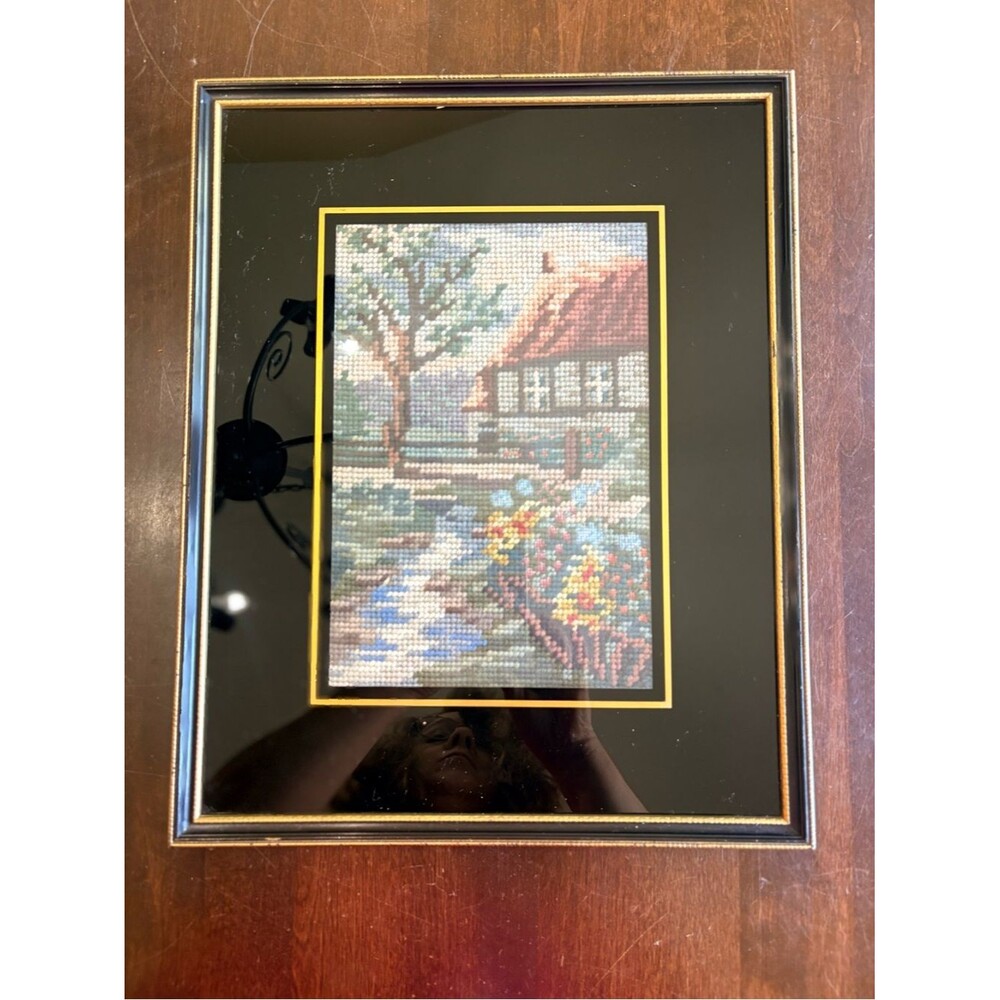 Framed vintage needlepoint Tudor-style country cottage scene